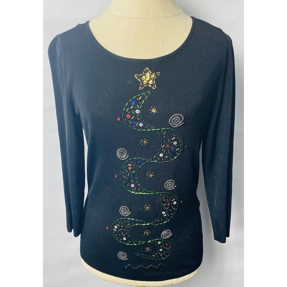 LUCIA BURNS Black Rayon Sweater Mod Bead & Sequin Christmas Tree Sz S